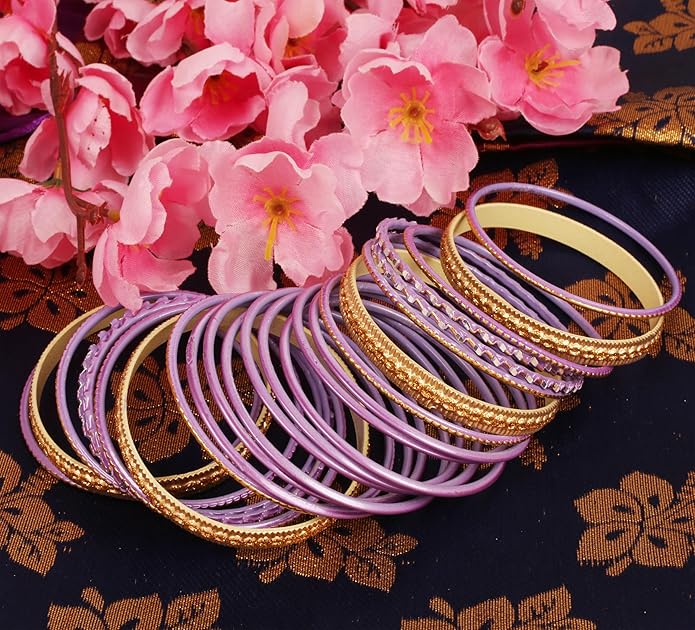 Touchstone Indian Metal Bangles for Women Gold Alloy Bracelets desi 2 Dozen Bangle Collection Bollywood Women's Jewelry Set Multi Stacking Wide Chunky Textured Golden Set of 24 in Gold or White Tone