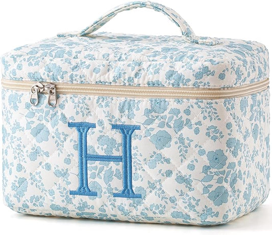 HBselect Initial Quilted Makeup Bag, Cotton Large Travel Makeup Bag, Cute Floral Coquette Make up Bag Cosmetic Bag Toiletry Bag for Women Girls H