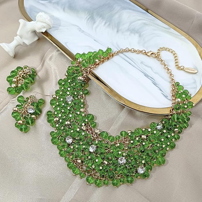 Bocar Fashion Crystal Chunky Collar Statement Necklace Earring Set for Women Gift (NK-10260)