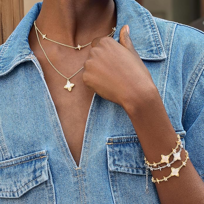Cicy Bell Womens 18k Gold Plated White Shell Cubic Zirconia Square Cross Adjustable Chain Link Bracelets 6.69" with 2" Extender