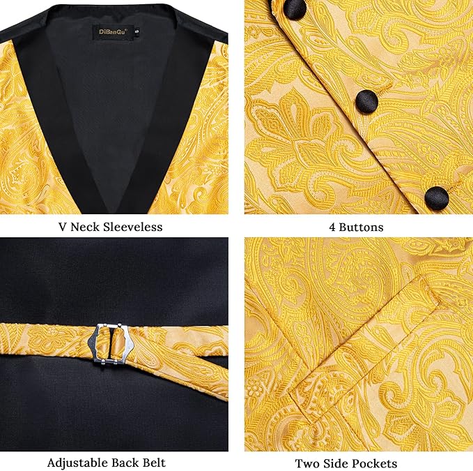 DiBanGu Mens Paisley Suit Vest Silk Jacquard Waistcoat and Necktie Set Formal Shawl Collar Dress Vest 7PCS for Wedding Party