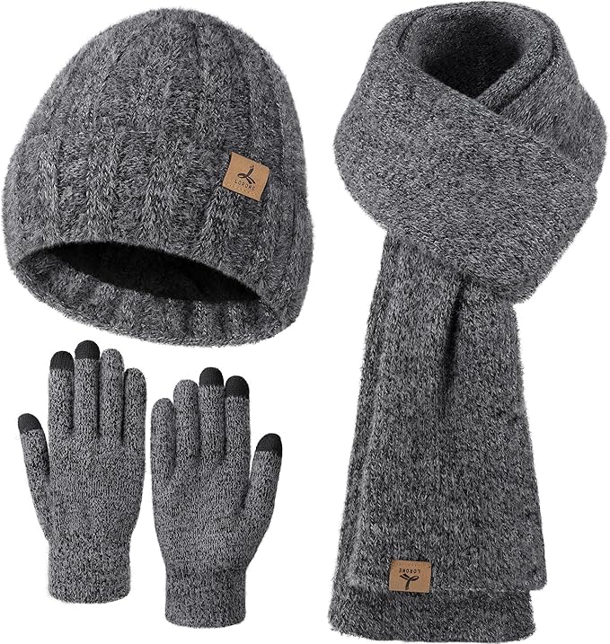 Winter Beanie Hat Scarf Gloves, Warm Fleece Knit Hat Long Scarf Neck Warmer Touch Screen Winter Gloves Set Gifts for Women