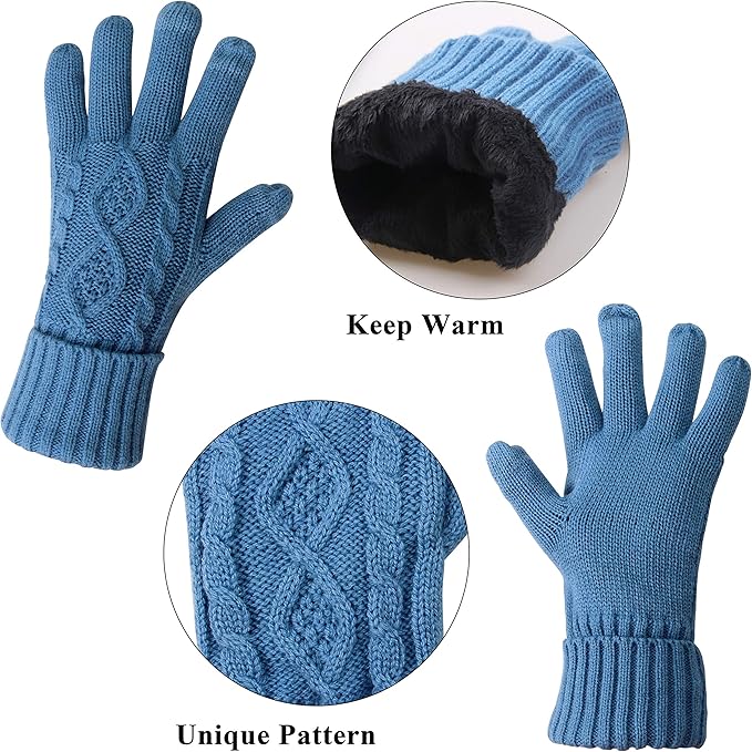 Winter Hat Gloves Scarf Set for Women, Cable Knit Beanie Pom Cap Touch Screen Glove Long Scarf 3PCS Winter Gift for Women Men