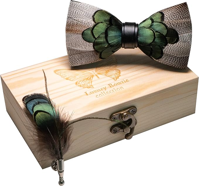 RBOCOTT Handmade Feather Pre-tied Bow tie and Brooch Sets for Men