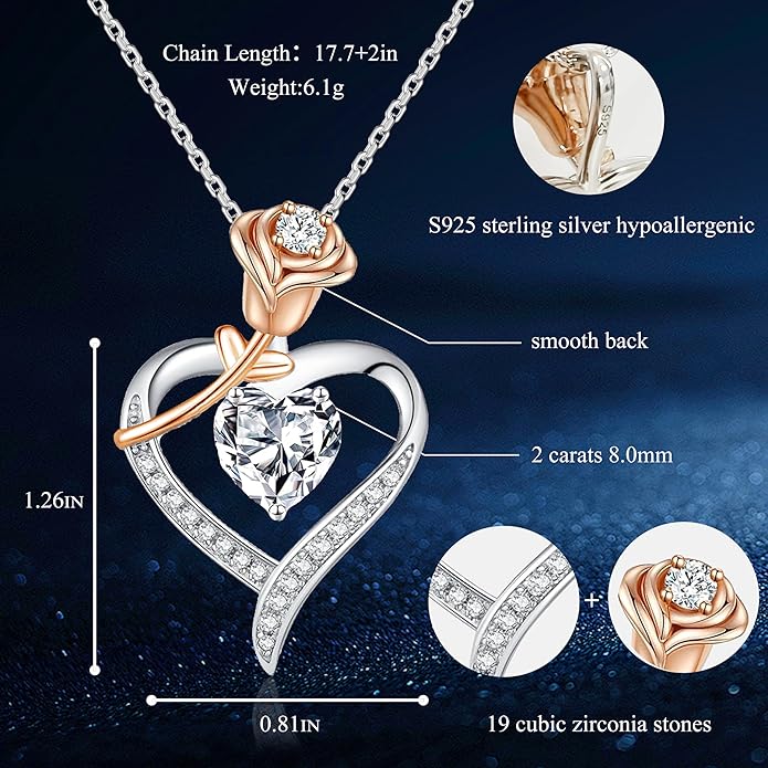 immobird 2 Carat Moissanite Necklace for Wife S925 Silver Rose Lab-Created Gem Heart Necklaces for Women Girlfriend Special Occasions Gifts Valentine's Day Gift