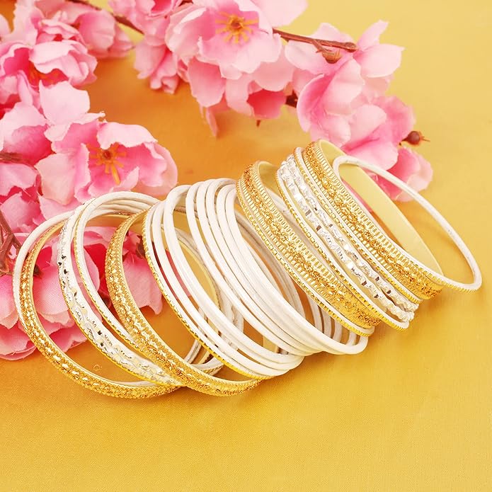 Touchstone Indian Metal Bangles for Women Gold Alloy Bracelets desi 2 Dozen Bangle Collection Bollywood Women's Jewelry Set Multi Stacking Wide Chunky Textured Golden Set of 24 in Gold or White Tone