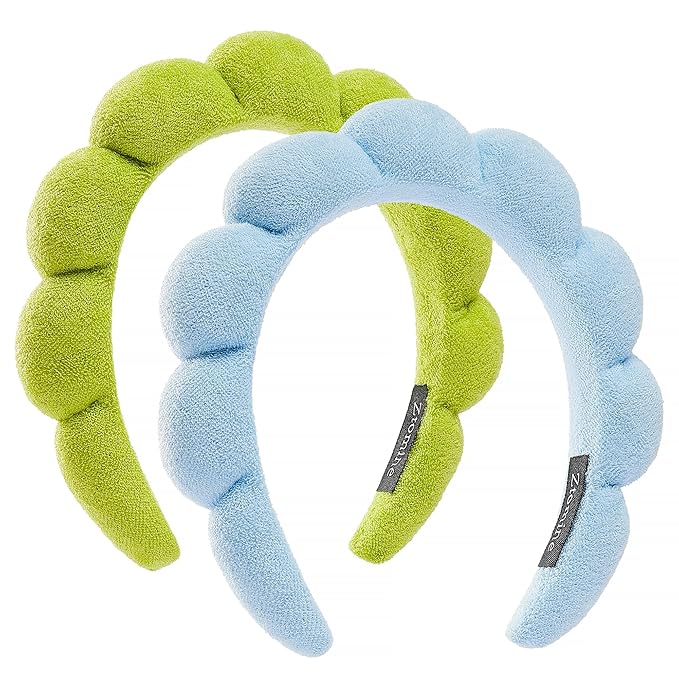 Hairband, 2 Count Pack - Thick Absorbent Terry Cloth Spa Headbands for Washing Face or Facial - Set of 2 - Puffy Makeup Headbands for Face Washing, Mask (Blue+Fruit Green)