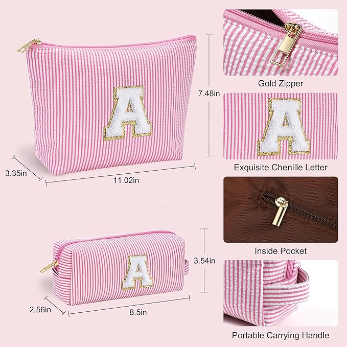 YOOLIFE Initial Makeup Bag Cosmetic Bag Birthday Gift for Women | Travel Toiletry Bags Girlfriend Teacher Gift 11 12 13 14 15 16 Years Old Girl Gifts Teen Girl Gifts Trendy Stuff Pink A