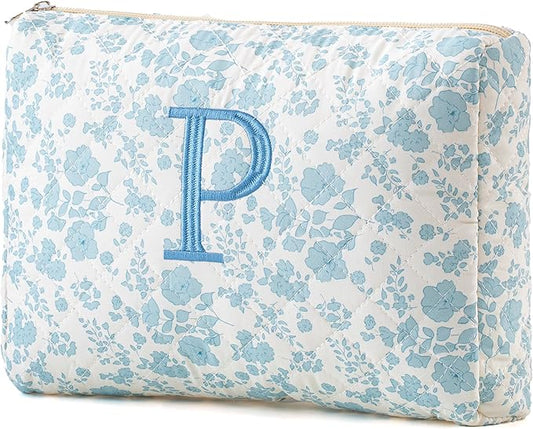 HBselect Initial Quilted Makeup Bag, Cotton Large Travel Makeup Bag, Cute Floral Coquette Make up Bag Cosmetic Bag Toiletry Bag for Women Girls P