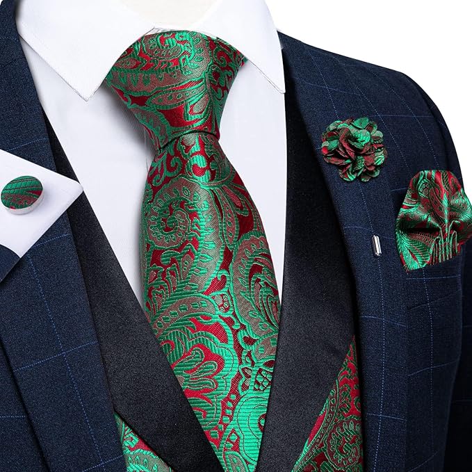 DiBanGu Mens Paisley Suit Vest Silk Jacquard Waistcoat and Necktie Set Formal Shawl Collar Dress Vest 7PCS for Wedding Party