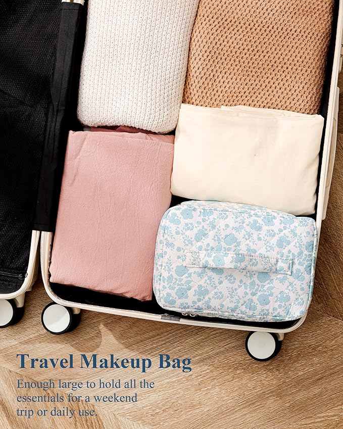 HBselect Initial Quilted Makeup Bag, Cotton Large Travel Makeup Bag, Cute Floral Coquette Make up Bag Cosmetic Bag Toiletry Bag for Women Girls R