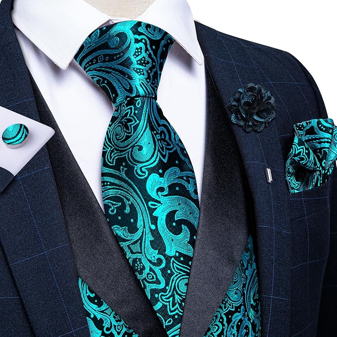 DiBanGu Mens Paisley Suit Vest Silk Jacquard Waistcoat and Necktie Set Formal Shawl Collar Dress Vest 7PCS for Wedding Party