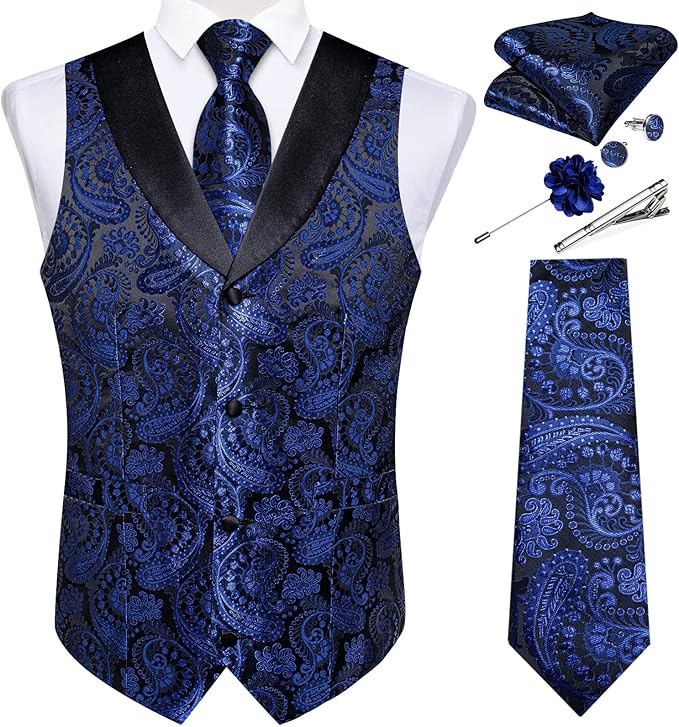 DiBanGu Mens Paisley Suit Vest Silk Jacquard Waistcoat and Necktie Set Formal Shawl Collar Dress Vest 7PCS for Wedding Party