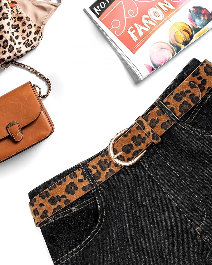Women’s Leopard Print Leather Belts for Women, Cheetah Print Belt with Gold Buckle, Width 1.46"