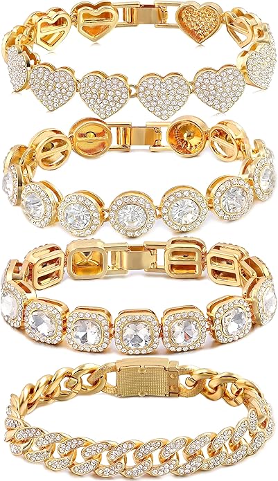 4PCS Gold Bracelets for Women Silver Clustered Tennis Bracelet for Women Heart Round Diamond Cuban Bracelet Layered Link Bracelet Set Fashion Jewelry for Women Set