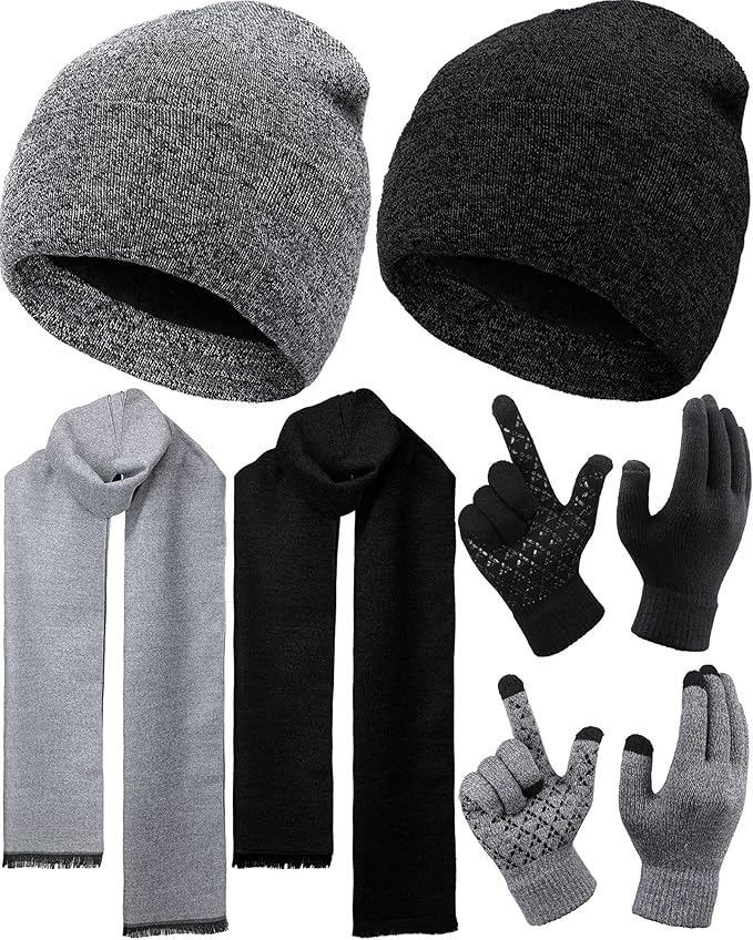 SATINIOR 6 Pcs Winter Knit Beanie Hat Scarf Touchscreen Gloves Set Warm Skull Cap Gifts for Men Women(Black, Gray)