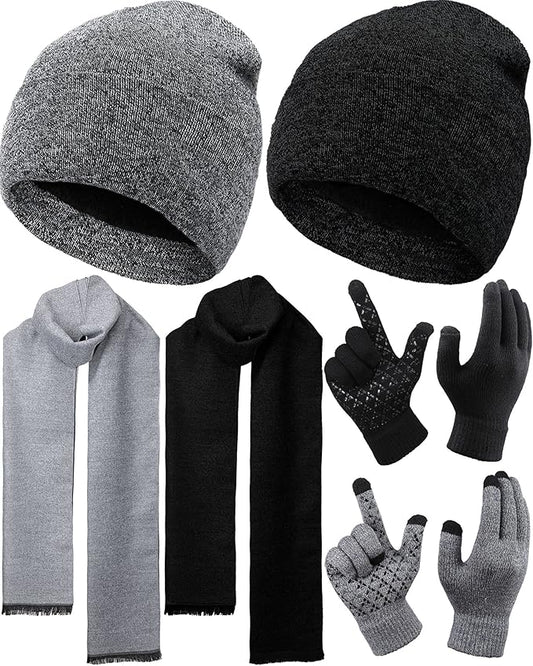 SATINIOR 6 Pcs Winter Knit Beanie Hat Scarf Touchscreen Gloves Set Warm Skull Cap Gifts for Men Women(Black, Gray)