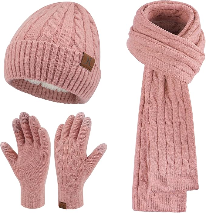 Womens Winter Beanie Hats Long Scarf Touchscreen Gloves Set Warm Knit Skull Caps Gifts for Women