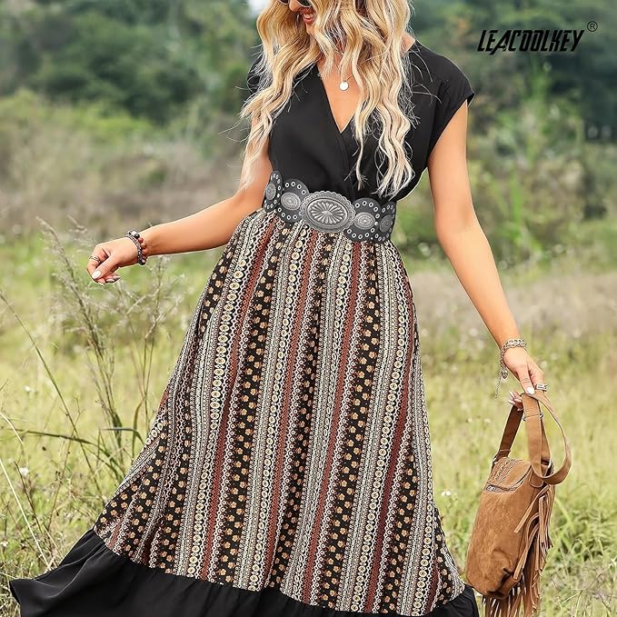 LEACOOLKEY Women's Boho Disc Belt Wide Western Leather Belt Vintage Concho Waist Belts for Dress Jeans