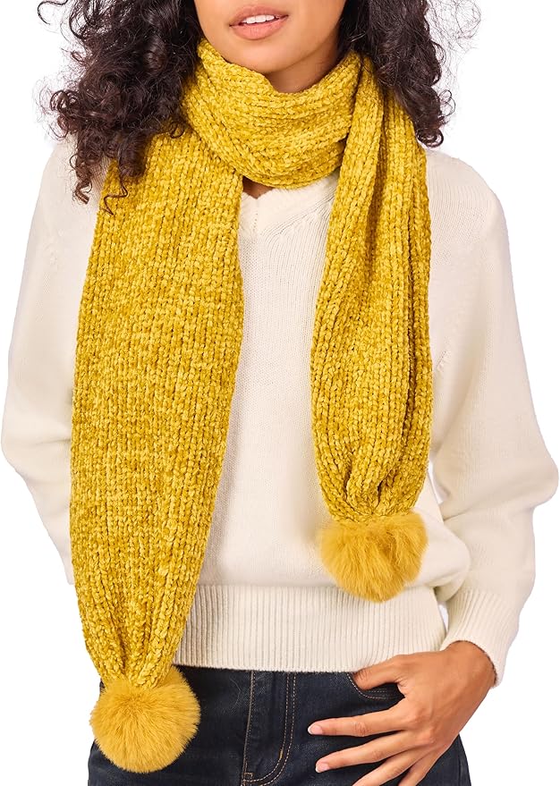 Womens Chenille Scarf with Pompom Winter Knit Warm Scarves for Cold Weather with Gift Box