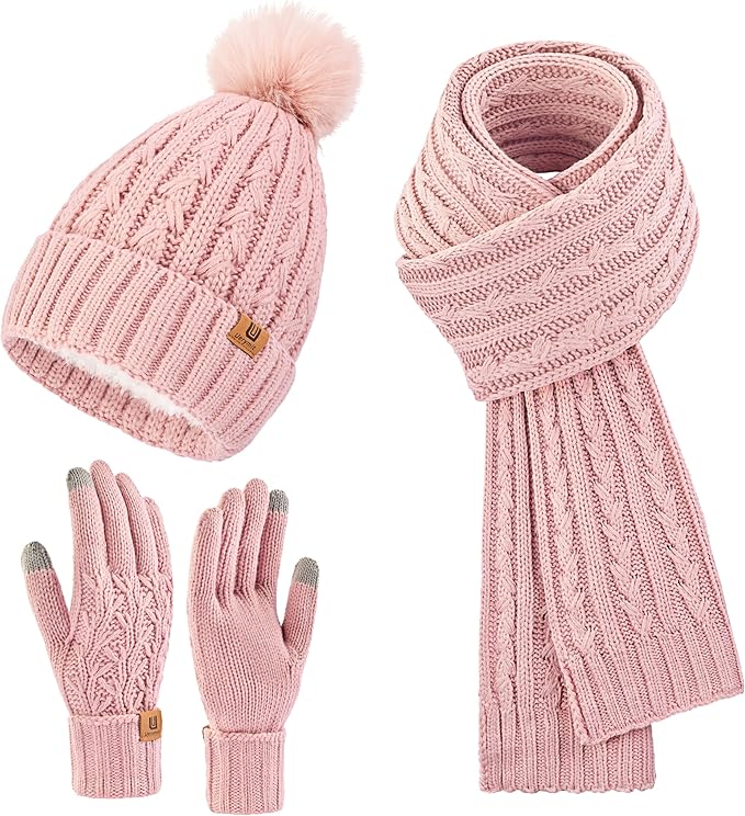 Womens Winter Warm Beanie Hat Long Scarf Touchscreen Gloves Set with Fleece Lined Skull Pom Caps 3 in 1 Set for Gift