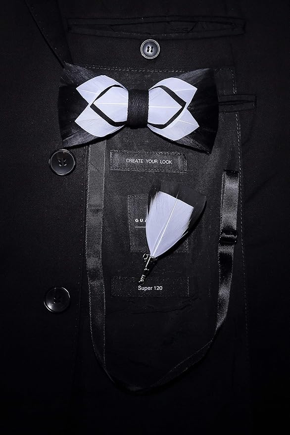 RBOCOTT Handmade Feather Pre-tied Bow tie and Brooch Sets for Men