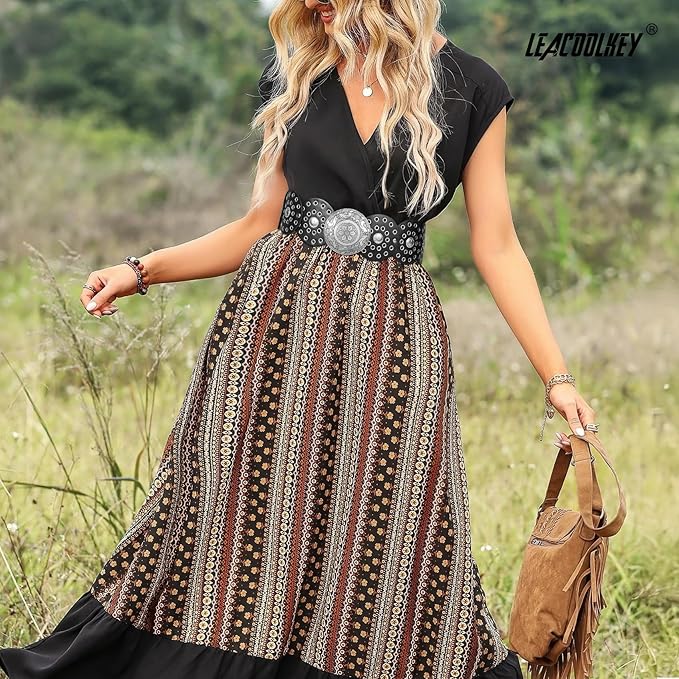 LEACOOLKEY Women's Boho Disc Belt Wide Western Leather Belt Vintage Concho Waist Belts for Dress Jeans
