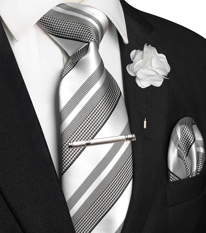 JEMYGINS Mens Striped Tie and Lapel Pin Necktie Pocket Square and Tie Clip Sets for Business Casual 4PCS