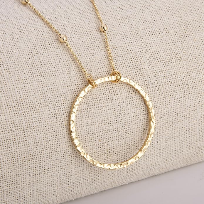 SOFYBJA 18K Gold Plated Circle Pendant Necklace Long Satellite Beaded Chain Jewelry for Women Dainty Hammered Karma Open Circle Charm Geometric Necklace