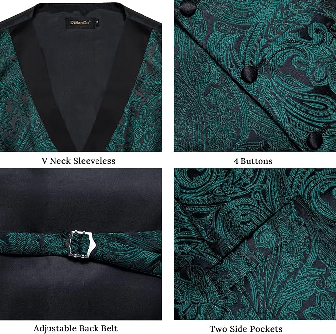 DiBanGu Mens Paisley Suit Vest Silk Jacquard Waistcoat and Necktie Set Formal Shawl Collar Dress Vest 7PCS for Wedding Party