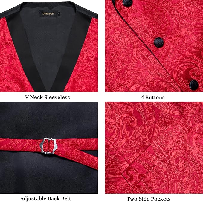 DiBanGu Mens Paisley Suit Vest Silk Jacquard Waistcoat and Necktie Set Formal Shawl Collar Dress Vest 7PCS for Wedding Party