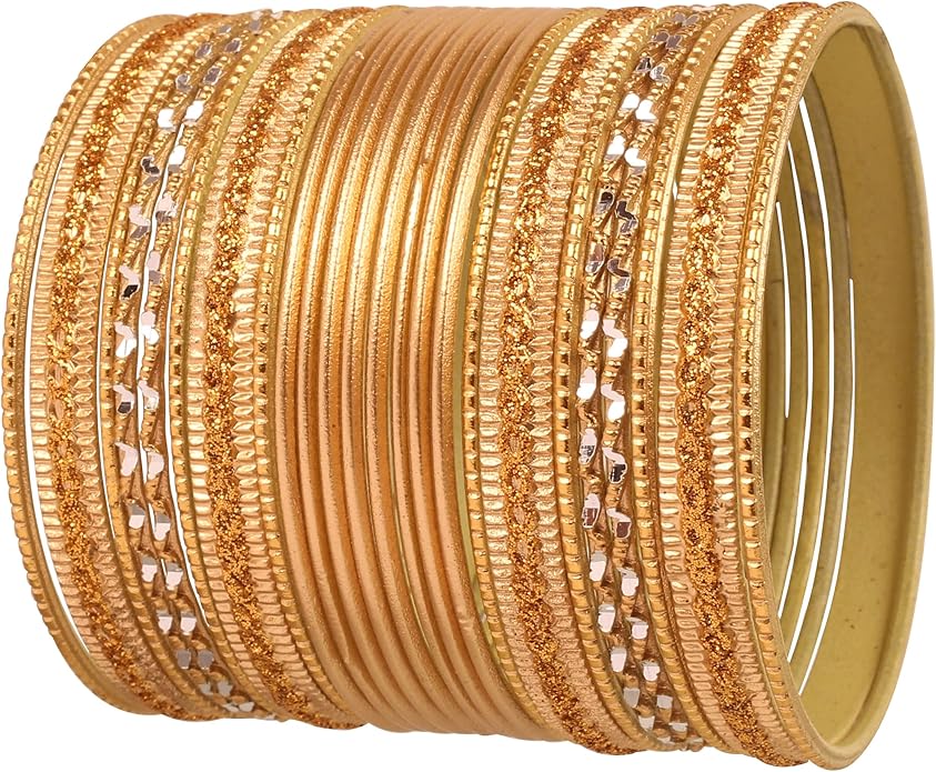 Touchstone Indian Metal Bangles for Women Gold Alloy Bracelets desi 2 Dozen Bangle Collection Bollywood Women's Jewelry Set Multi Stacking Wide Chunky Textured Golden Set of 24 in Gold or White Tone
