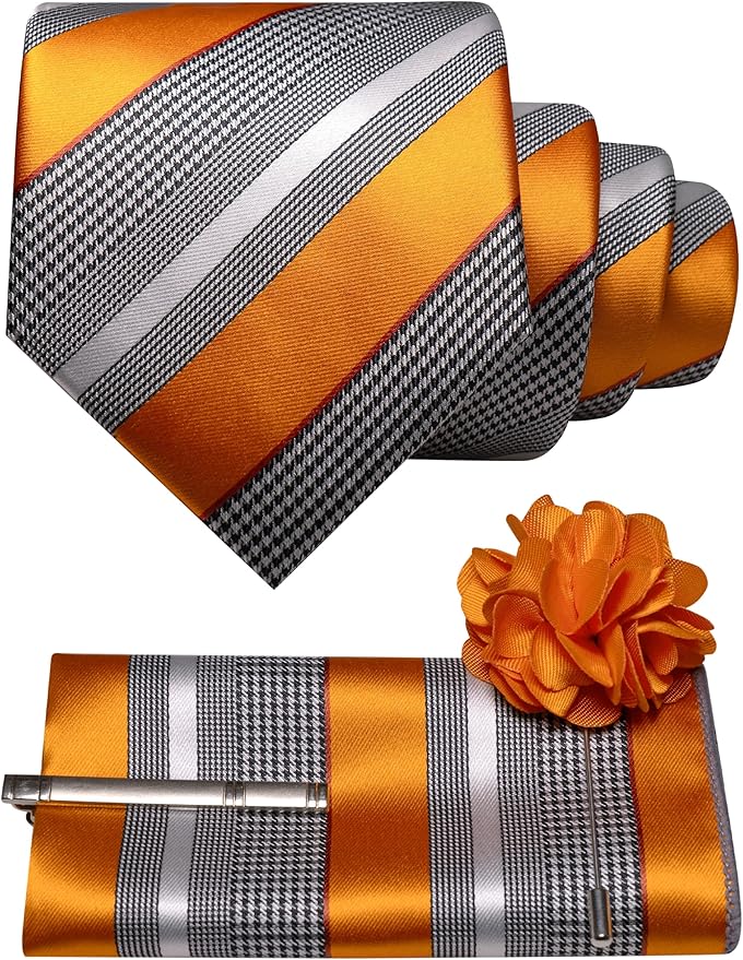 JEMYGINS Mens Striped Tie and Lapel Pin Necktie Pocket Square and Tie Clip Sets for Business Casual 4PCS