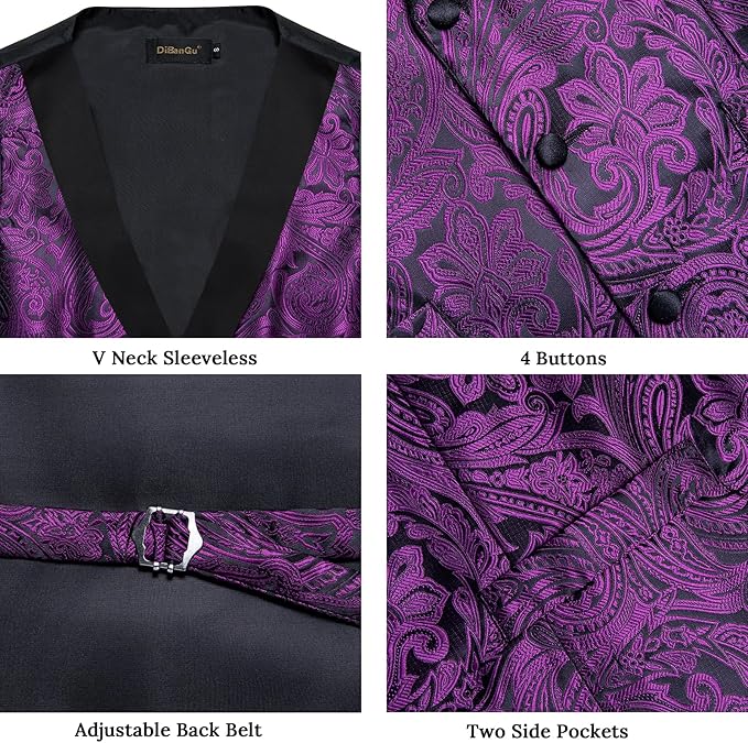 DiBanGu Mens Paisley Suit Vest Silk Jacquard Waistcoat and Necktie Set Formal Shawl Collar Dress Vest 7PCS for Wedding Party