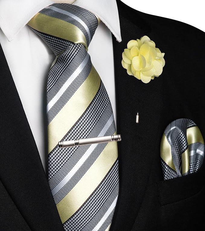 JEMYGINS Mens Striped Tie and Lapel Pin Necktie Pocket Square and Tie Clip Sets for Business Casual 4PCS