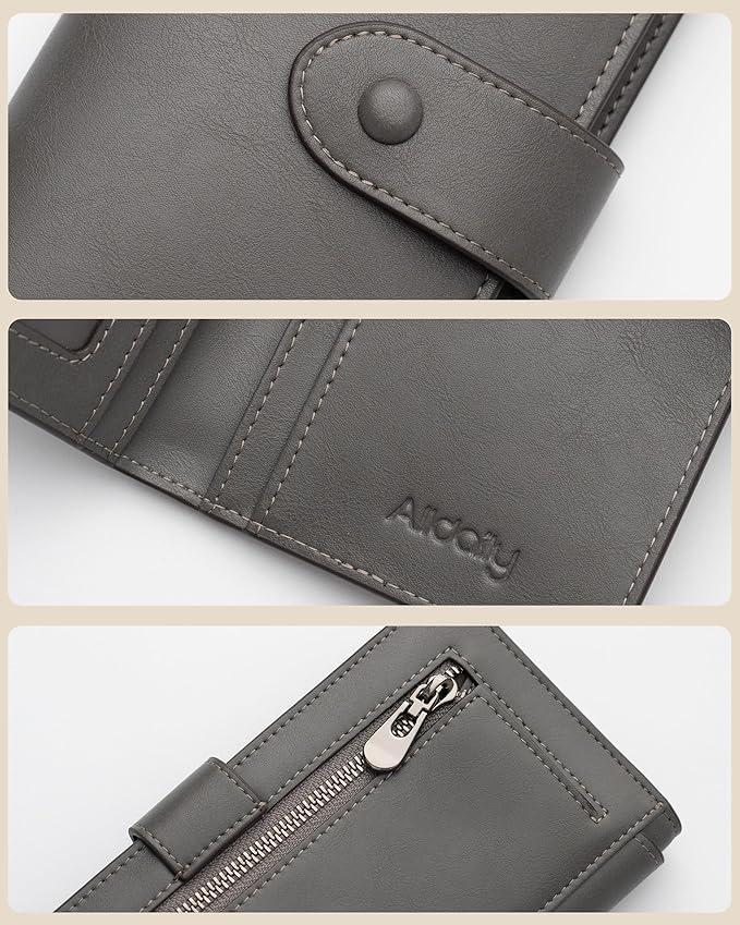 RFID Blocking Leather Wallet for Women, Slim Trifold with 14 Card Slots and Zipper Pocket (Grey)