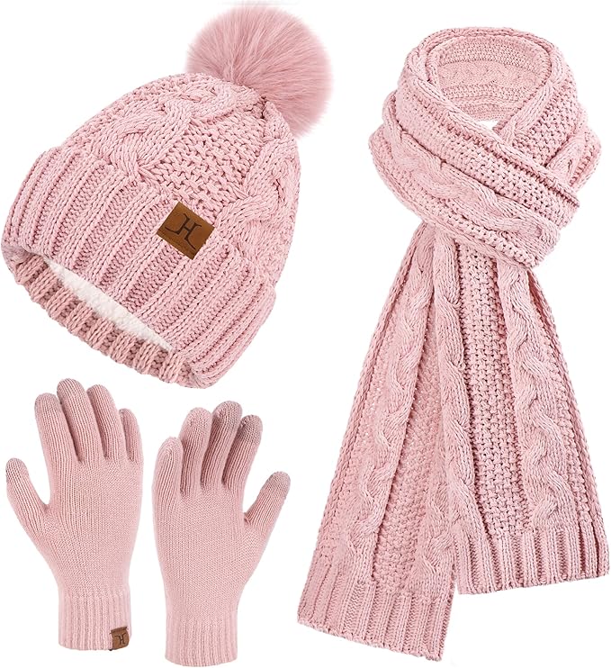 Womens Winter Beanie Hats Scarf Touchscreen Gloves Set Chenille Knit Fleece Lined Beanies Pompom Hat Scarves