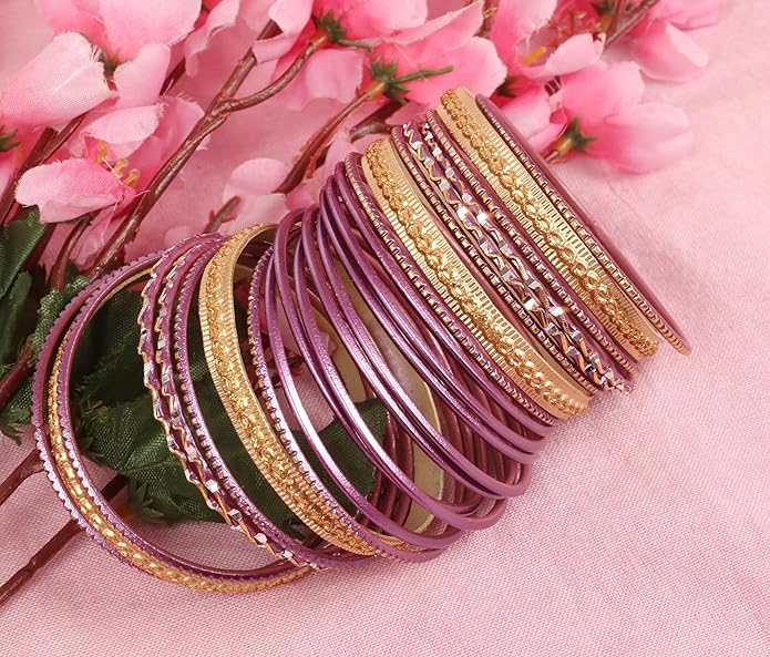 Touchstone Indian Metal Bangles for Women Gold Alloy Bracelets desi 2 Dozen Bangle Collection Bollywood Women's Jewelry Set Multi Stacking Wide Chunky Textured Golden Set of 24 in Gold or White Tone