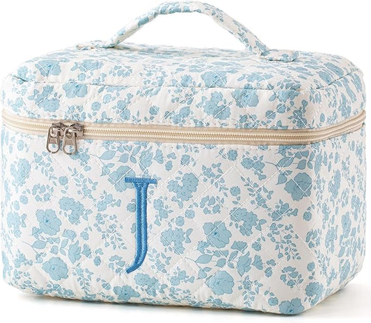 HBselect Initial Quilted Makeup Bag, Cotton Large Travel Make up Bag, Cute Floral Coquette Cosmetic Bag Toiletry Bag for Women Girls J