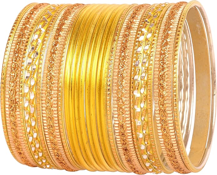 Touchstone Indian Metal Bangles for Women Gold Alloy Bracelets desi 2 Dozen Bangle Collection Bollywood Women's Jewelry Set Multi Stacking Wide Chunky Textured Golden Set of 24 in Gold or White Tone