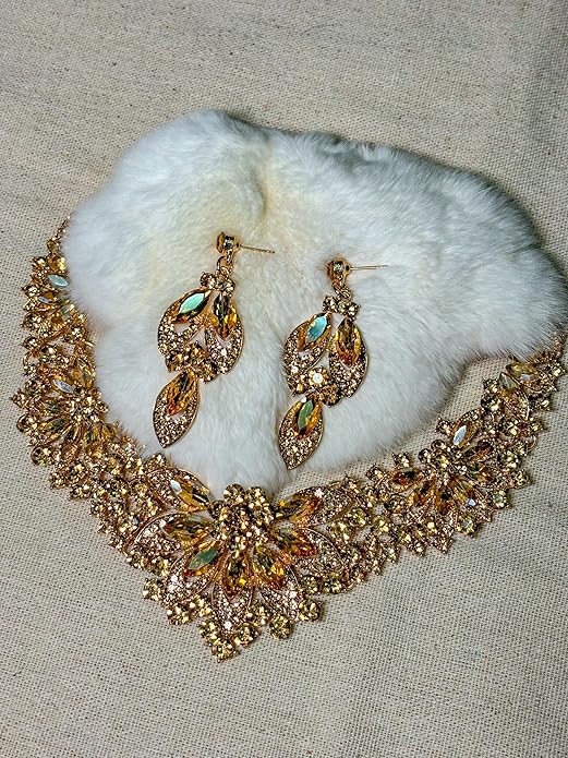 Women Jewelry Set Rhinestone Crystal Green Bride Statement Choker Necklace Teardrop Cluster Dangle Earrings Set for Wedding Party