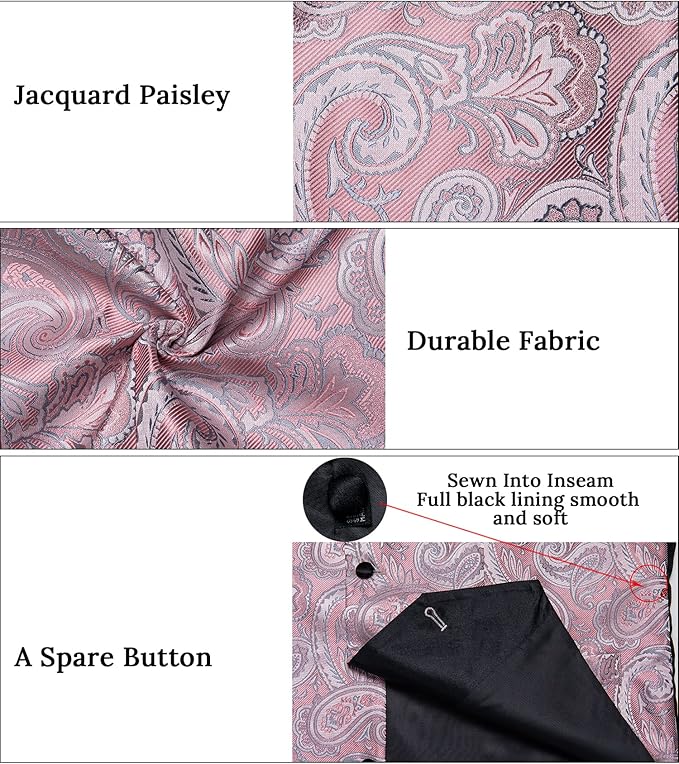 DiBanGu Mens Paisley Suit Vest Silk Jacquard Waistcoat and Necktie Set Formal Shawl Collar Dress Vest 7PCS for Wedding Party