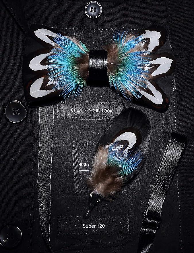 RBOCOTT Handmade Feather Pre-tied Bow tie and Brooch Sets for Men