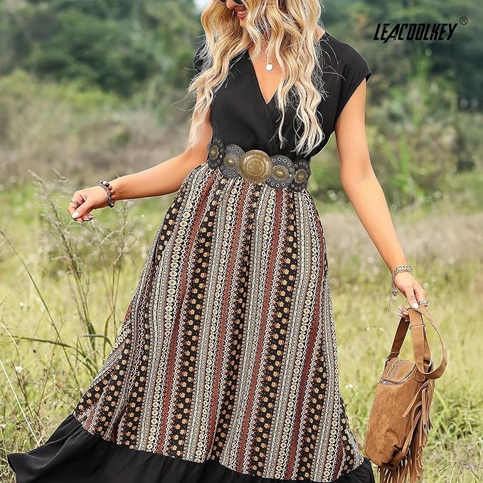 LEACOOLKEY Women's Boho Disc Belt Wide Western Leather Belt Vintage Concho Waist Belts for Dress Jeans
