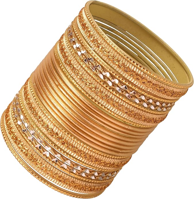 Touchstone Indian Metal Bangles for Women Gold Alloy Bracelets desi 2 Dozen Bangle Collection Bollywood Women's Jewelry Set Multi Stacking Wide Chunky Textured Golden Set of 24 in Gold or White Tone