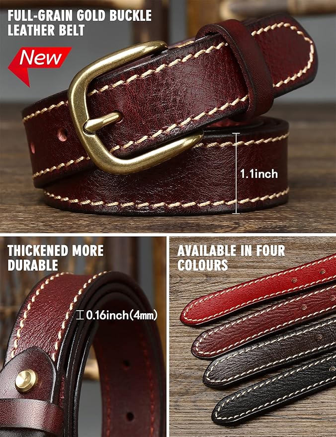 Womens Belts for Jeans 1.1" Width Ladies Belts for Dresses Full Grain Leather Gold Buckle Belt Gift Box
