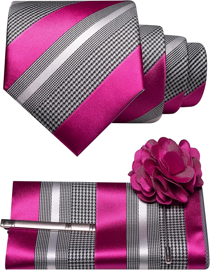 JEMYGINS Mens Striped Tie and Lapel Pin Necktie Pocket Square and Tie Clip Sets for Business Casual 4PCS