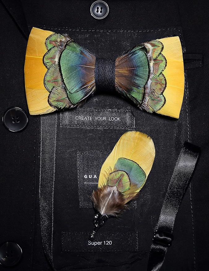 RBOCOTT Handmade Feather Pre-tied Bow tie and Brooch Sets for Men