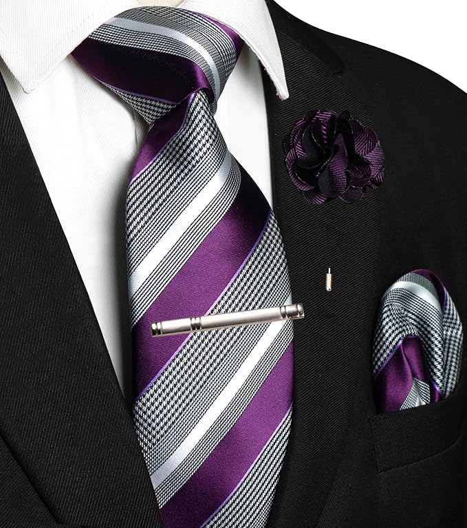 JEMYGINS Mens Striped Tie and Lapel Pin Necktie Pocket Square and Tie Clip Sets for Business Casual 4PCS