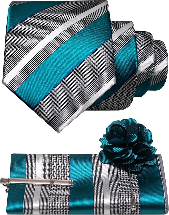 JEMYGINS Mens Striped Tie and Lapel Pin Necktie Pocket Square and Tie Clip Sets for Business Casual 4PCS